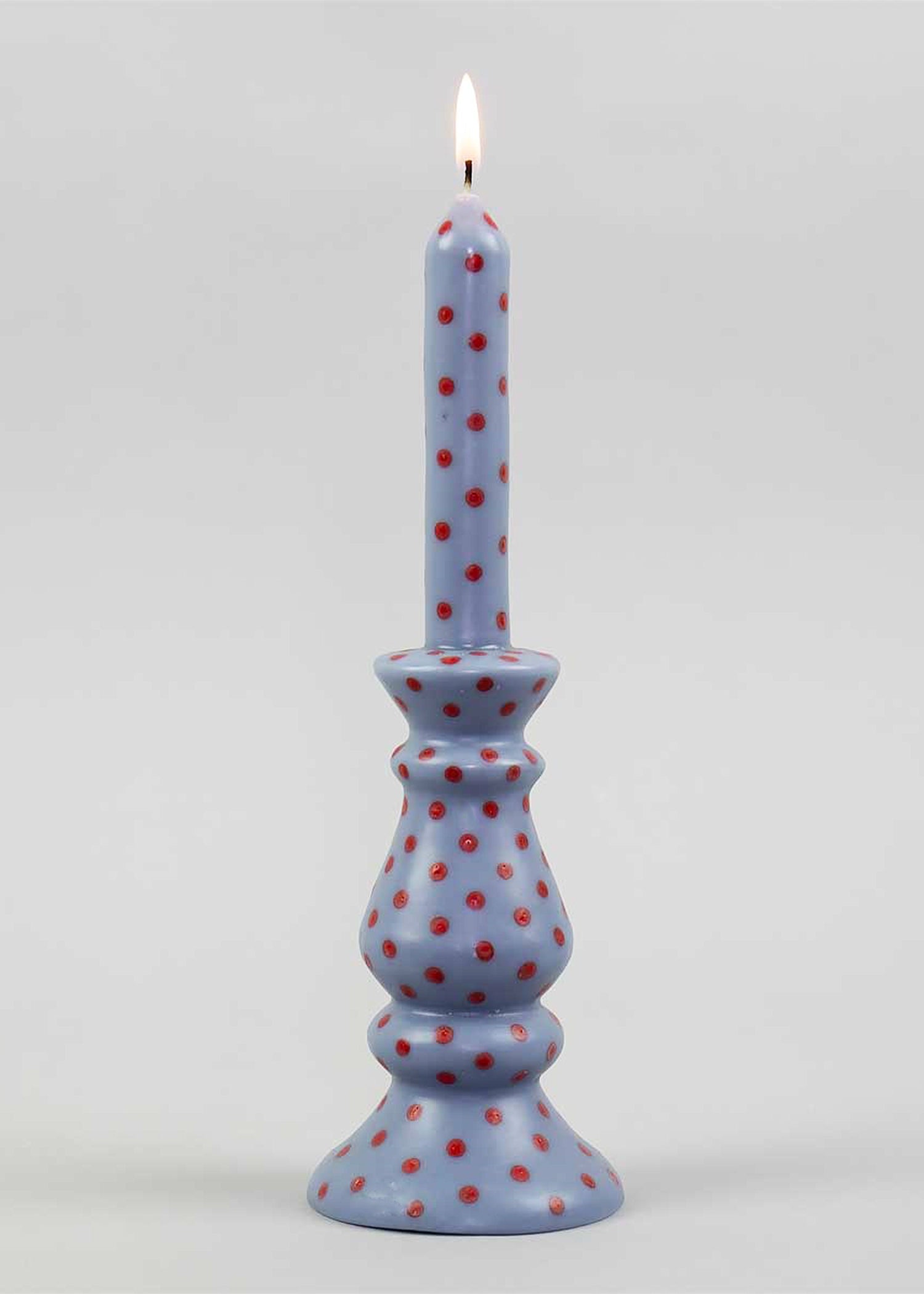 Kaars & Houder | Grijsblauw met Rode Stippen