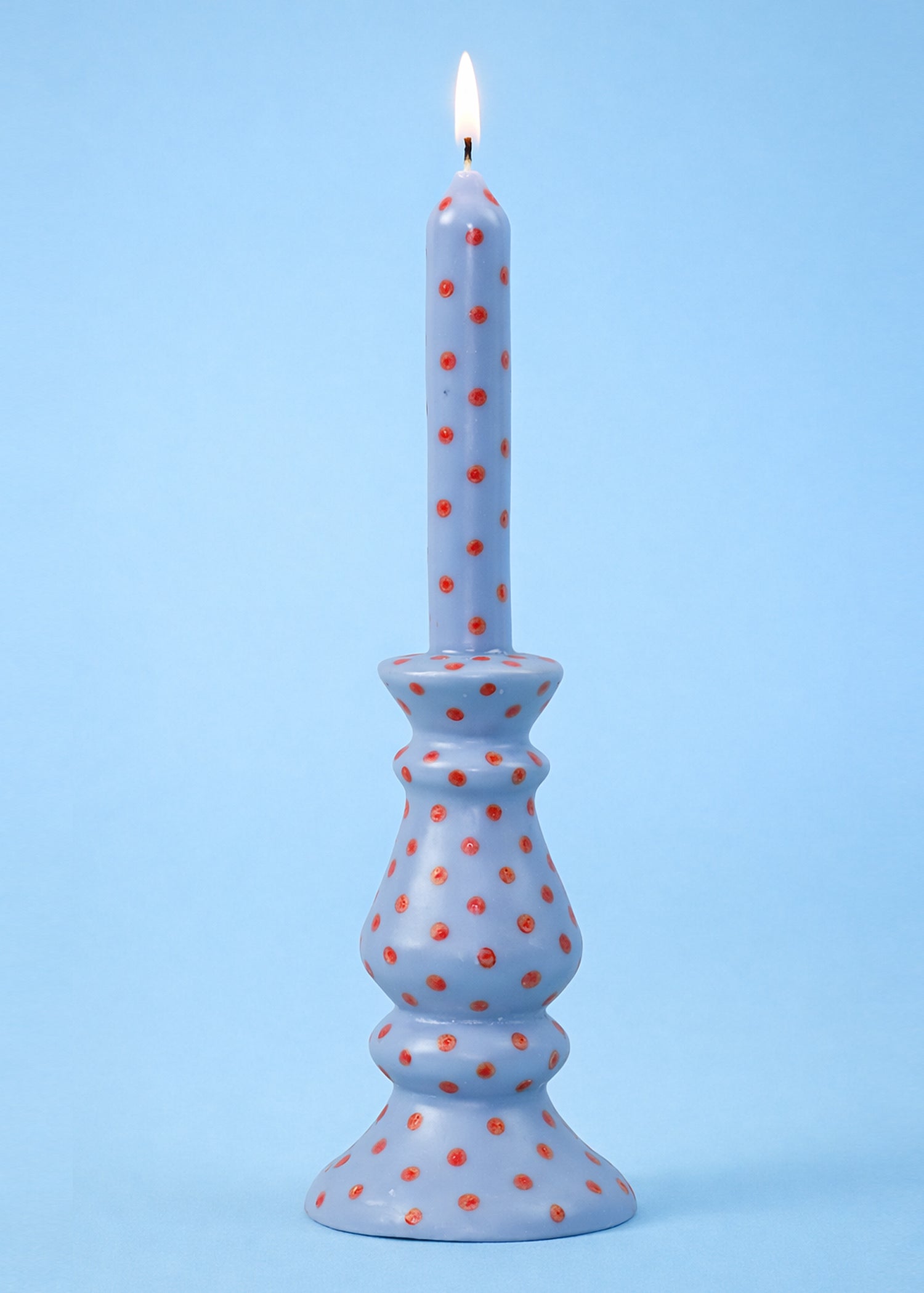 Kaars & Houder | Grijsblauw met Rode Stippen