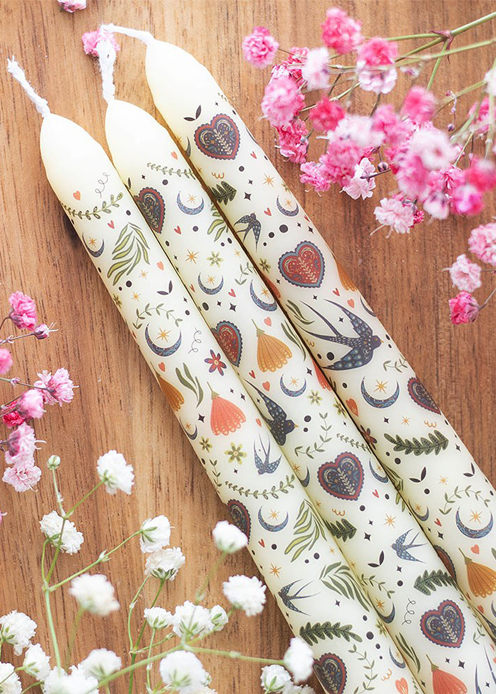Creme Bloemen Print Taper Kaarsen Set