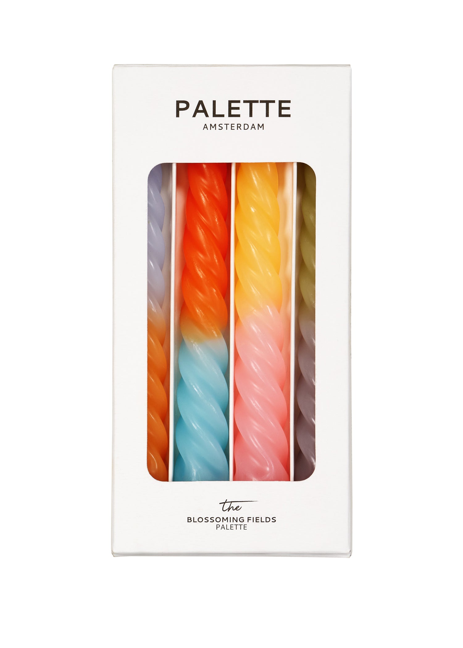 Kleurrijke gedraaide twist- of spiraal kaarsen van het merk Palette Amsterdam